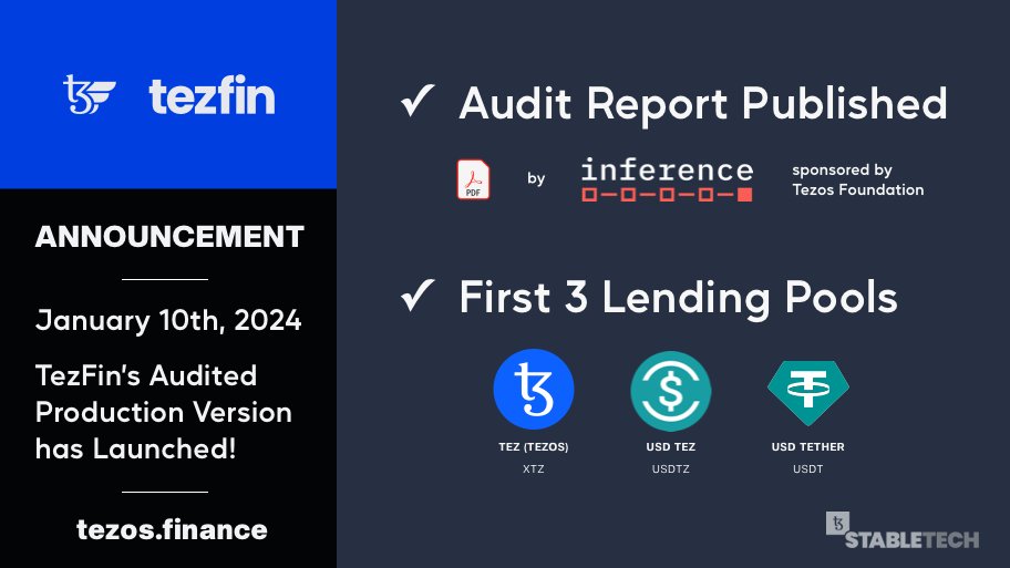 ANNOUNCEMENT: TezFin Production Version has launched! Decentralized Lending/Borrowing on Tezos Blockchain. Visit: (tezos.finance) - Security Audit by @inference_ag, sponsored by @TezosFoundation #Tezos