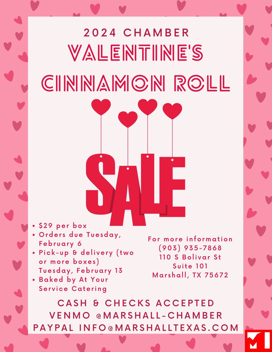 It's that time of the year again, folks! The annual Greater Marshall Chamber of Commerce Valentine's Cinnamon Roll Sale!!!
Support the Chamber and contact us today to order yours and have them in time to share with your sweetie next month!