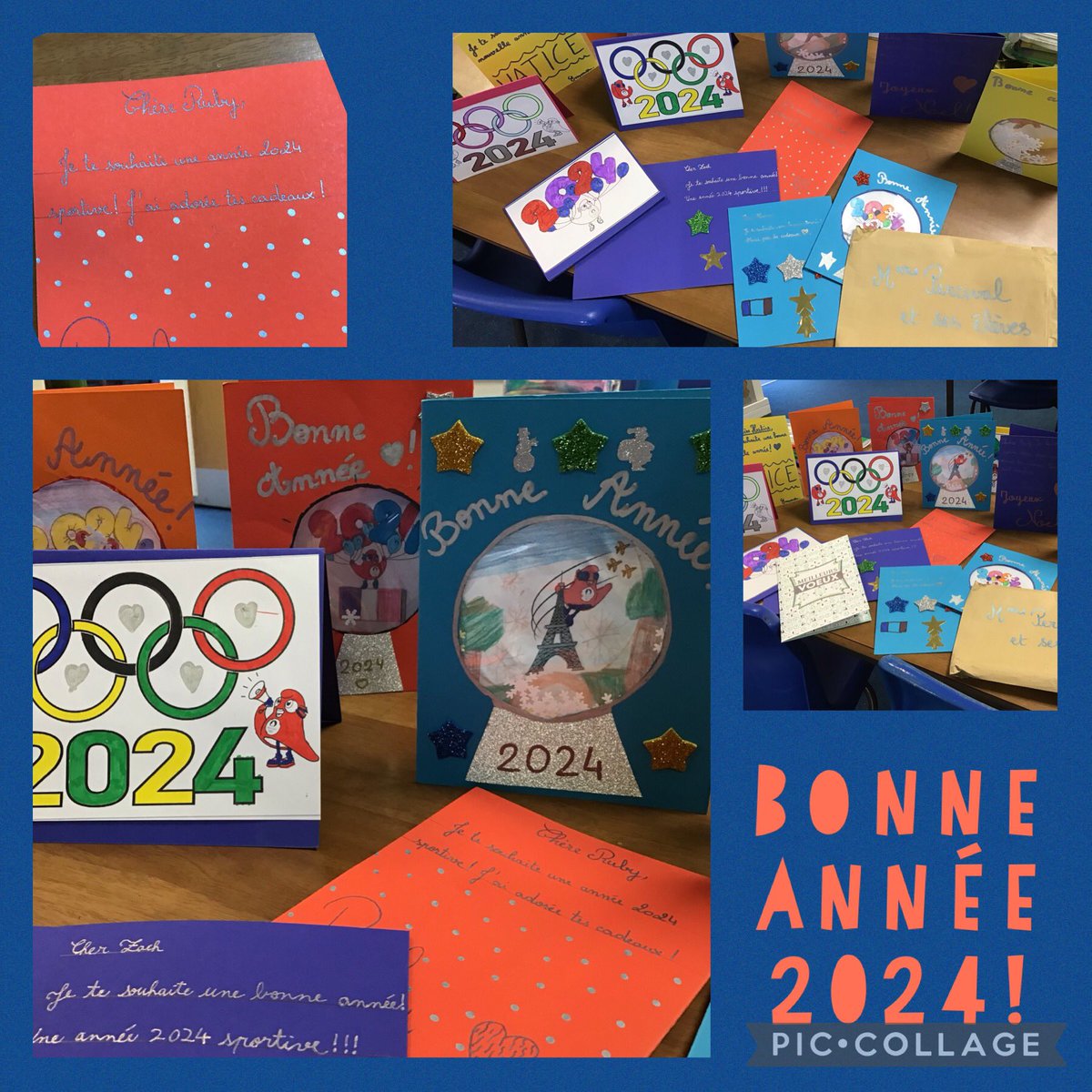 BroomfieldsJnr's tweet photo. 6PV received some beautiful New Year cards from our French pen pals this week, and many of them featured the emblem and mascot of the 2024 Paris Olympics. #Broomfieldsmfl @network_primary @olympicsparis https://t.co/8i9ju6c3sB
