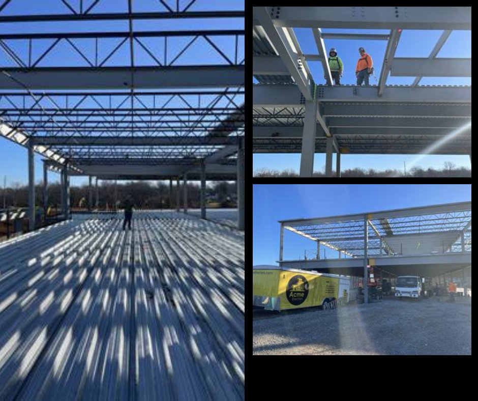 AcmeErectorsInc's tweet photo. The Acme Erectors' crew, led by Jason Gentile, tackling a 2-story steel frame and decking project for Impact Strategies at the BJC Parkland Health Center. The precision and dedication poured into every beam are shaping a solid foundation for something incredible. https://t.co/R2b5wH6UBK
