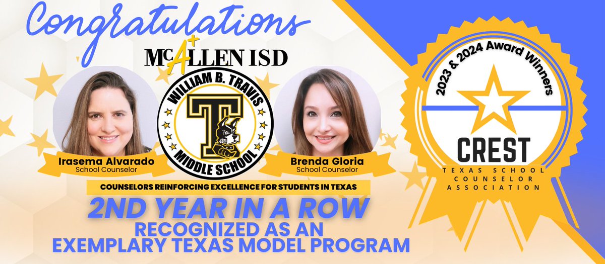Congratulations to our amazing counselors Mrs.Gloria and Mrs. Alvarado for once again earning the Crest Award. It takes a lot of hard work and dedication to have an exemplary counseling program.