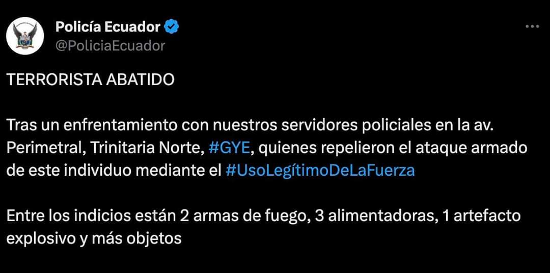 🔴Policía abatió a un delincuente tras un enfrentamiento en la Trinitaria Norte, Guayaquil. Entre los indicios están 2 armas de fuego, 3 alimentadoras, 1 artefacto explosivo y más objetos.