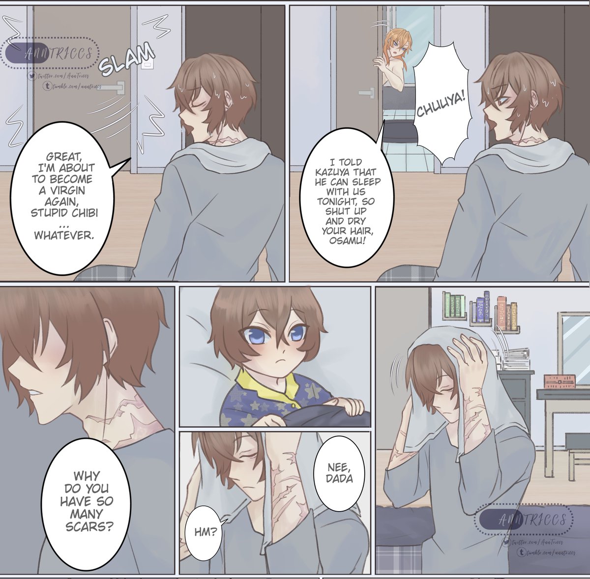 AnnTriccs's tweet photo. [Lovechild AU]
Since parents always get hurt and are careless, they needed a doctor in the family.
#soukoku  #skk  #太中 https://t.co/vsryMXKVt8