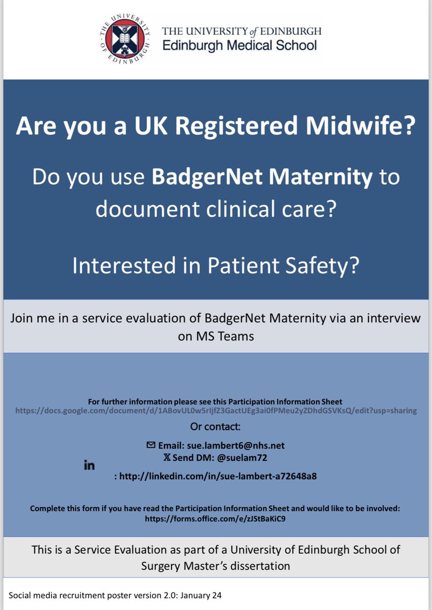 Any midwives interested in joining me in a service evaluation of BadgerNet Maternity for my Masters? I’m looking for frontline midwives (any band/experience level) for semi-structured interviews lasting around 45 minutes. Take a look at the poster below ☺️