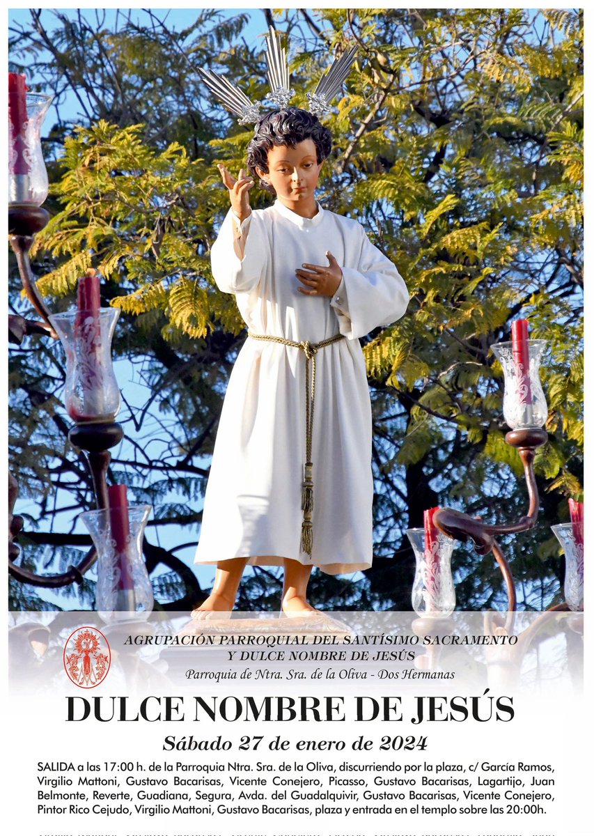 El próximo sábado 27 de enero, salida procesional del Dulce Nombre de Jesús. Salida a las 17h desde nuestra <a href="/parroquiaoliva/">Parroquiadelaolivadh</a> con el acompañamiento musical de nuestra querida <a href="/EDH_1969/">Estrella Dos Hermanas</a>