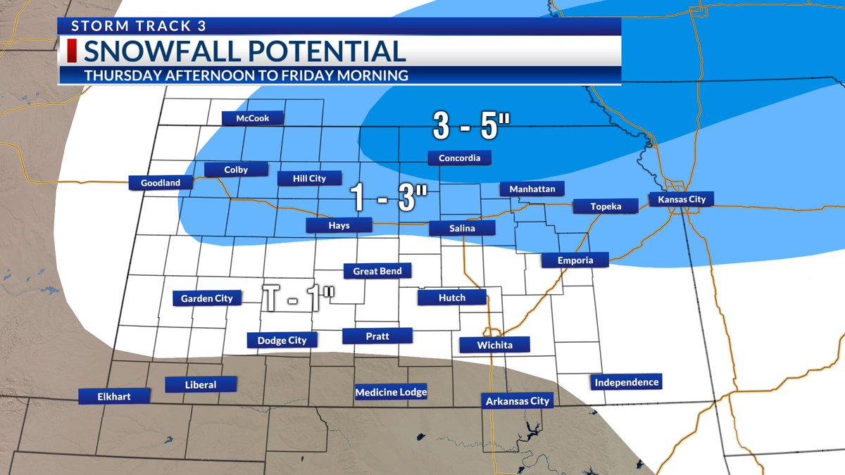 #kswx #okwx #newx 
NEXT SNOWY SYSTEM:  Snow arrives in Northwest Kansas/Southwest Nebraska Thursday afternoon.  It sweeps across the state through Friday morning, leaving areas farther south with less potential snowfall accumulations.  Watch travel Thursday evening through Friday