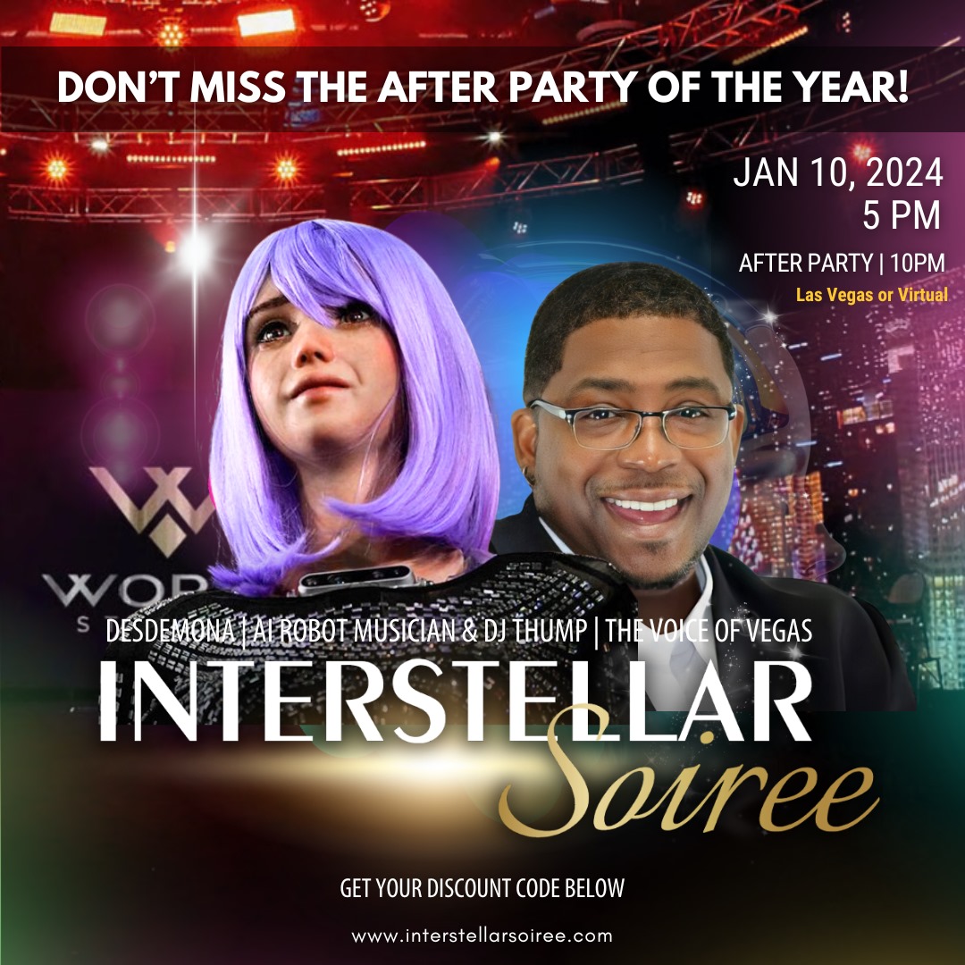 5AMSocial's tweet photo. 🚀 Join #InterstellarSoiree on Jan 10, 10pm PST for an electrifying after party, in-person or virtually! 

🤖🎶 #DesitheRobot collaborates with @djthumpLv for an epic fusion of beats and futuristic vibes. 🙌

🔥 Save 50% with code FUTUREEJ: https://t.co/dledKqqdtj

 #IS2024 #CES https://t.co/HnFw9ECKLO
