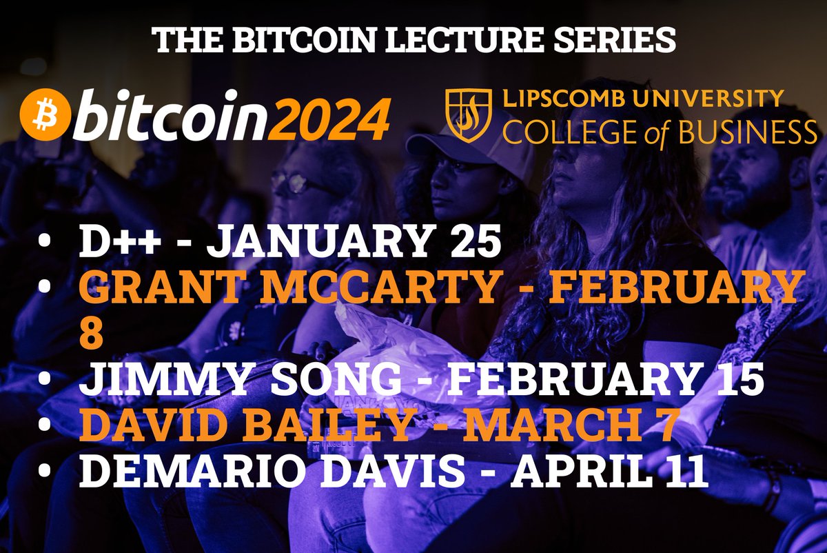 Announcing the #Bitcoin Lecture Series! Five incredible lectures in collaboration with Lipscomb University Get more info and register to attend here 👇 eventbrite.com/e/bitcoin-lect…