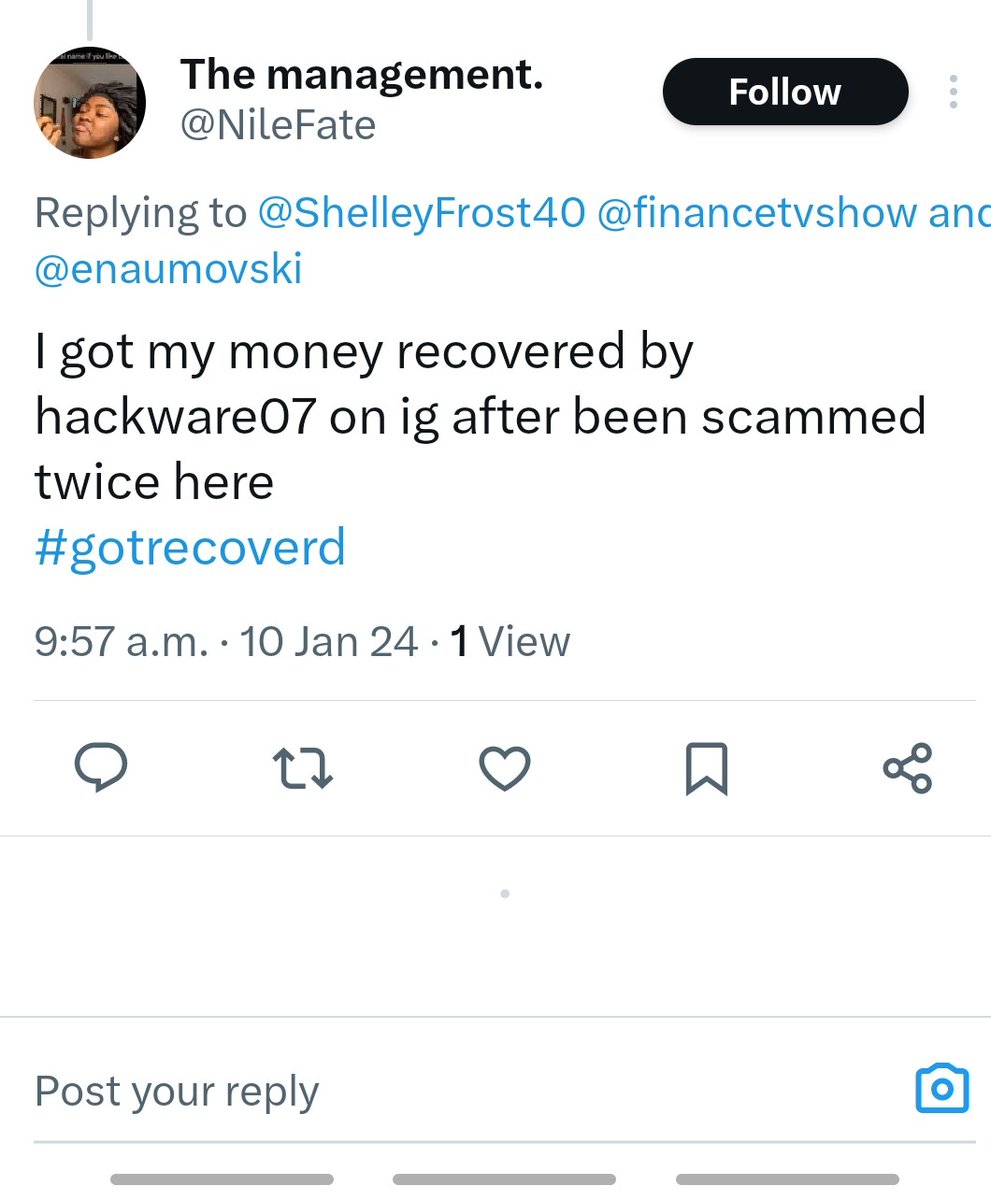 This is a Scam!

The promise of recovering your money is a common tactic because if you were scammed once, then you are vulnerable a second time

Stop and think.  Then delete

Don't throw good money after bad

@enaumovski
@HockeyMomCop
@ShelleyFrost40
#ScamAlert 
#Scam 
#scammed