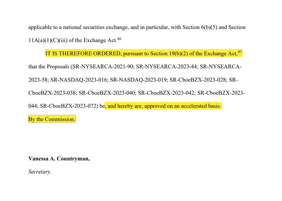 BREAKING: 🇺🇸 SEC officially approves all Spot #Bitcoin ETFs.

• VanEck
• Bitwise
• Fidelity 
• Franklin
• Valkyrie 
• Hashdex
• Ark Invest
• Grayscale
• BlackRock
• WisdomTree
• Invesco Galaxy