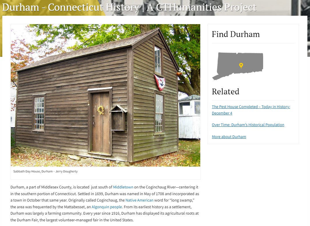 CT_History's tweet photo. Did you know we have a page for every town in Connecticut?! All 169! Each town page contains a summary, images, &amp; resources to learn more. 
Check out Durham's page below as an example &amp; start exploring: https://t.co/0dhp4ggT8o
#cthistory #durhamct https://t.co/3qq3jz7deT