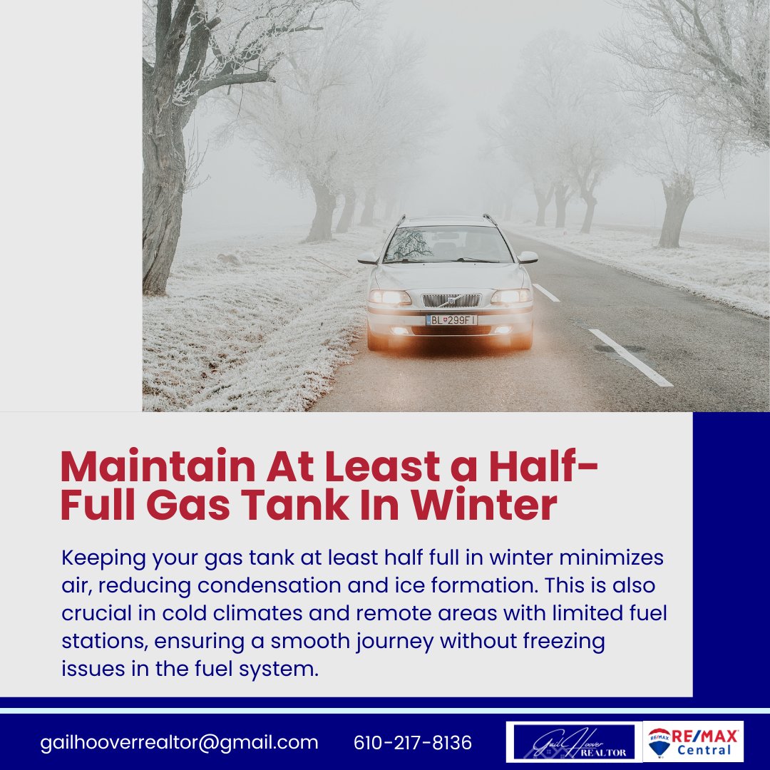 GailHoover's tweet photo. Keeping your gas tank at least half full in winter minimizes air, reducing condensation and ice formation.
#wintertip #LehighValley #PA https://t.co/6JBkQCwVO5