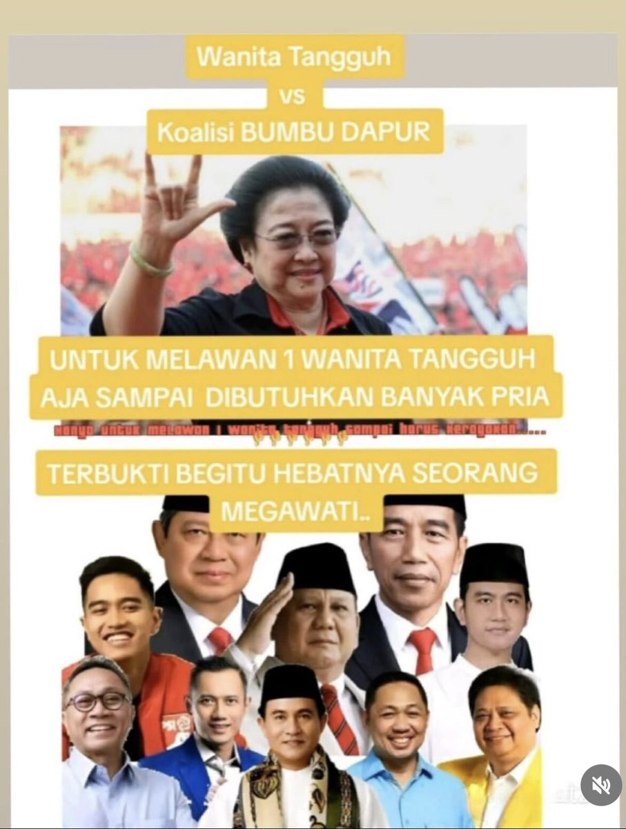 Sepertinya ada yang ganjil dan tidak imbang dalam dunia politik kita.
Untuk melawan 1 wanita tangguh saja dibutuhkan banyak pria dlm kontestasi pilpres 2024.

Ini artinya MEGAWATI adalah sosok WANITA INDONESIA yg begitu kuat, hebat dan tangguh.