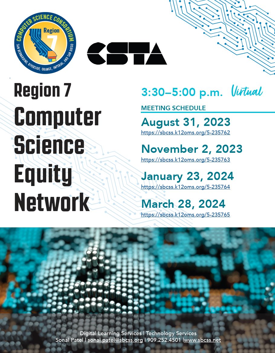 K-12 T's: The CS Equity Network is expanding to all of Region 7 and you're invited. Connect, meet, grow! See graphic.
@FUESDSchools @CajonValleyUSD @Lakeside_Supt @LemonGroveSD @SanteedOSTP @DelMarSchools @eusdtweets @CVESDNews @SYSDschools @SBUSD_NEWSz