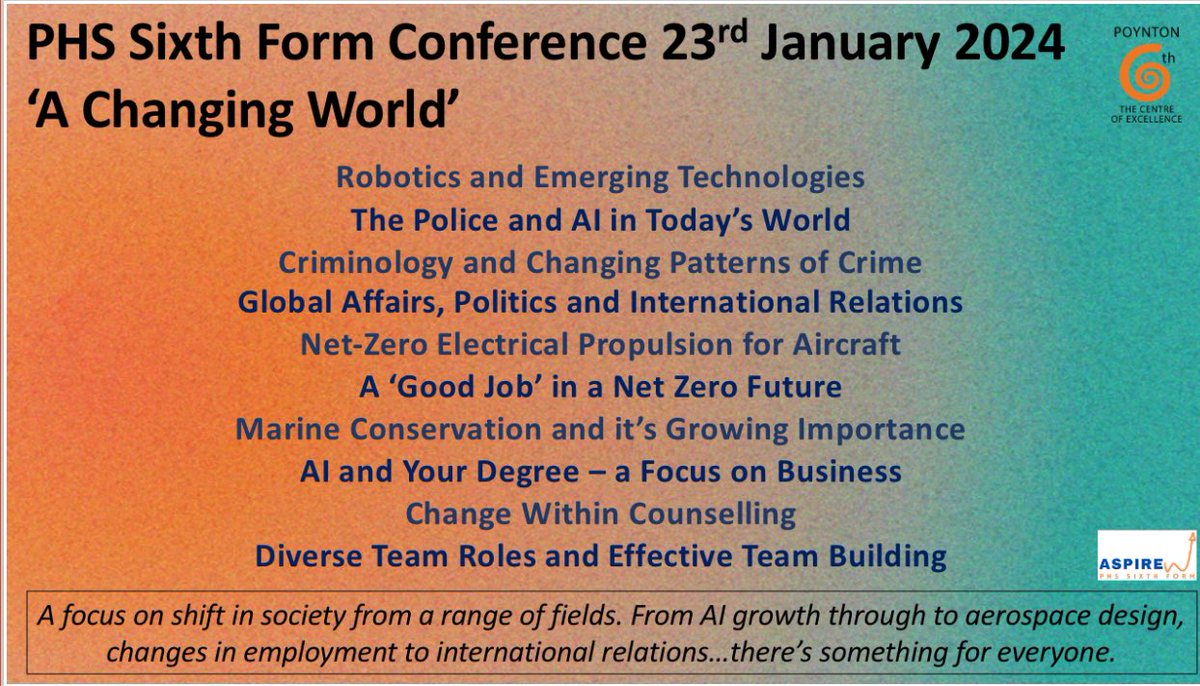 PHS_SixthForm's tweet photo. Less than two weeks to go to our Global Citizenship Conference - A Changing World. We have excellent guest speakers from a variety of universities looking at change in their specialist areas. Here’s a taste of the topics we’ll be looking at. #PHSAspire https://t.co/zaRIMgd4FJ