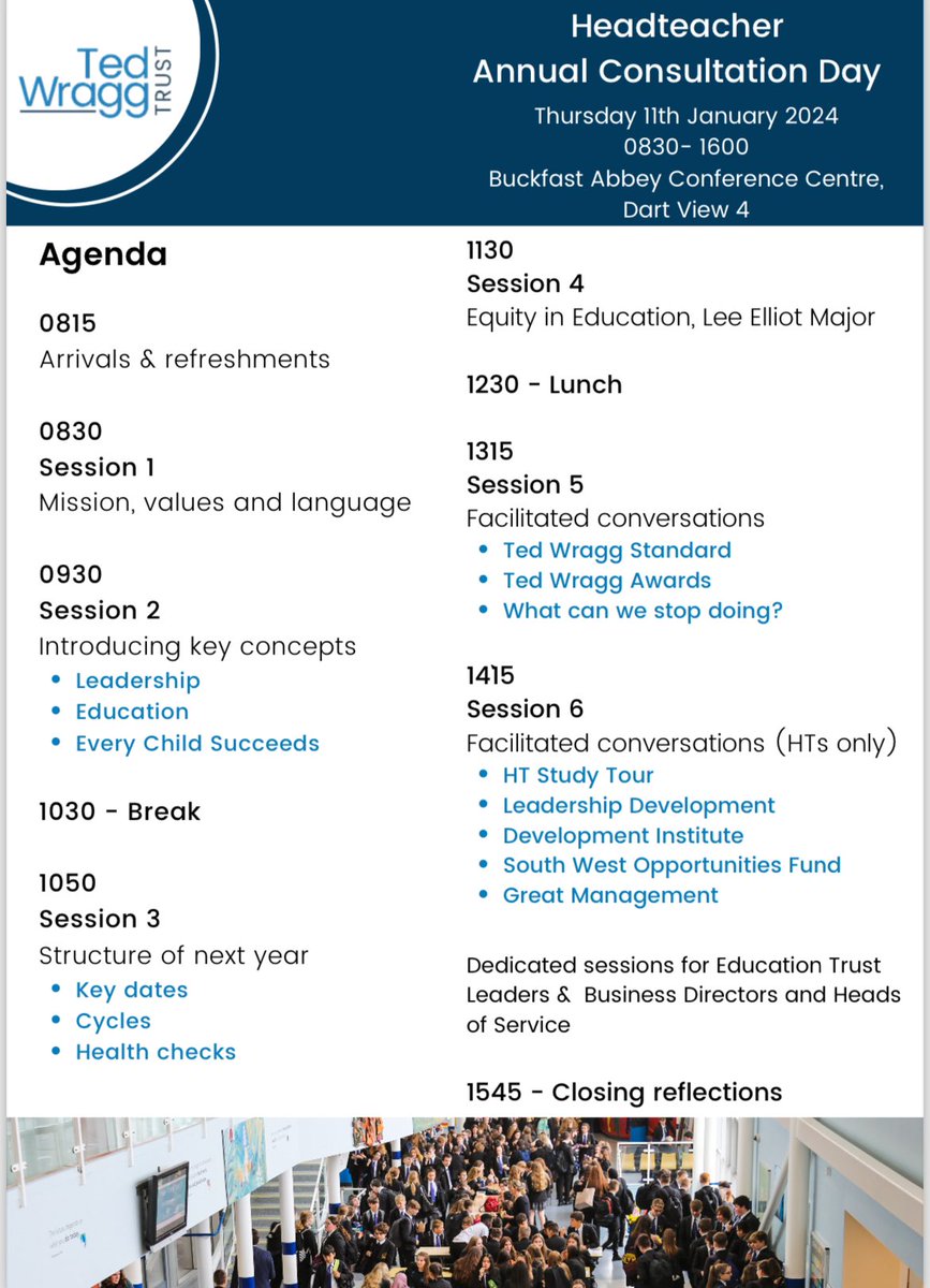 SiobhanMered123's tweet photo. I’m excited about tomorrow’s @TedWraggTrust Headteacher Annual Consultation Day! The agenda is fab, Headteachers, Trust Leaders and Heads of Service have received the pre-reading and our keynote is @Lem_Exeter. #HTConsultation #strongertogether #growgreatpeople #higheststandards https://t.co/LosE6LifT1