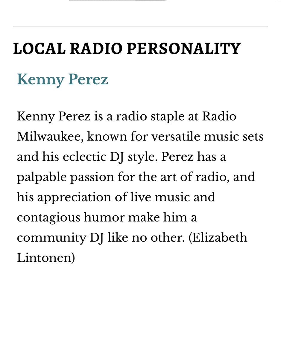 Join us in wishing a HUGE congrats to DJ Kenny Perez for being named the Best Local Radio Personality of 2023 by @shepherdexpress! 🏆