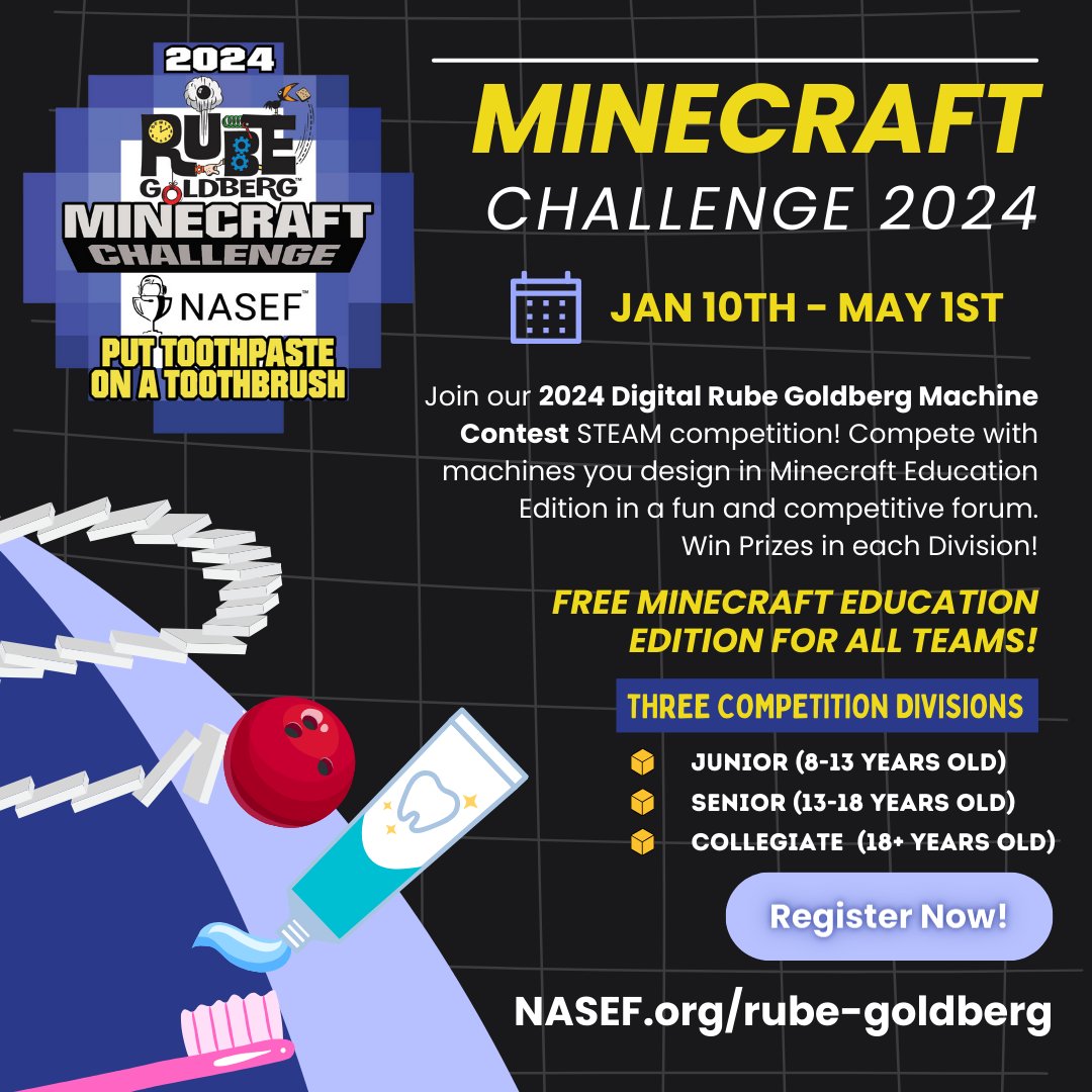 Join our 2024 Digital @RubeGoldberg Machine Contest STEAM competition! Compete with machines you design in Minecraft Education Edition in a fun and competitive forum. Win Prizes in each Division! This year's challenge is to use Minecraft to build a wacky machine that will put…
