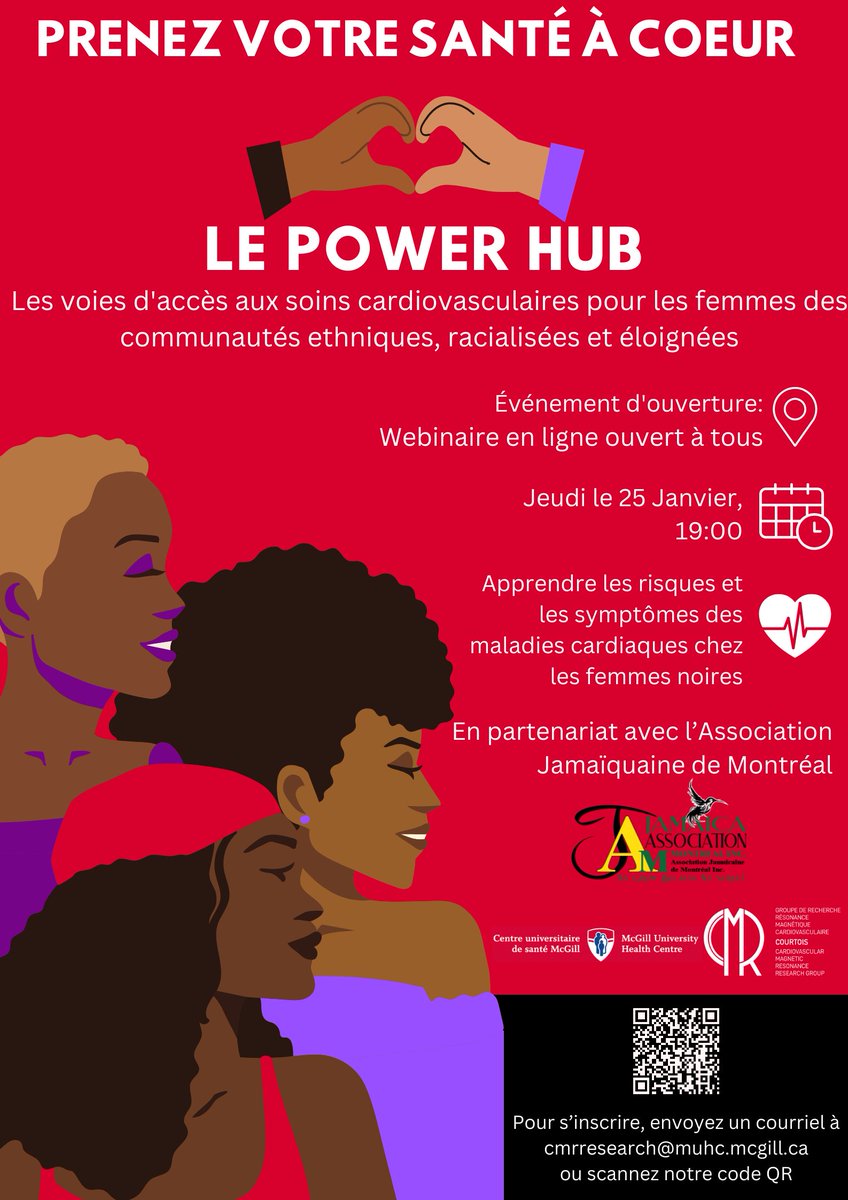 cmrresearchmtl's tweet photo. Join us "THE POWER HUB” webinar, an initiative dedicated to improving cardiovascular care for women in ethnic, racialized, and remote communities.

📅 Date: Thursday, January 25th
⏰ Time: 7:00 PM
#cardiachealth #webinar #diversity #heartheath #womenhealth #montreal https://t.co/SM7nwhxF29