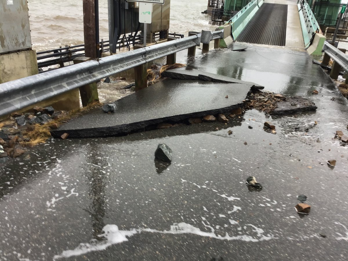 MaineDOT1's tweet photo. Here are some pictures of the damage caused by today’s storm during the morning high tide. The first one is Sewall Road in Bar Harbor. The second one shows damage to the ferry transfer bridge in Bass Harbor. The third picture is the causeway in Deer Isle. https://t.co/jWyggWMEUB