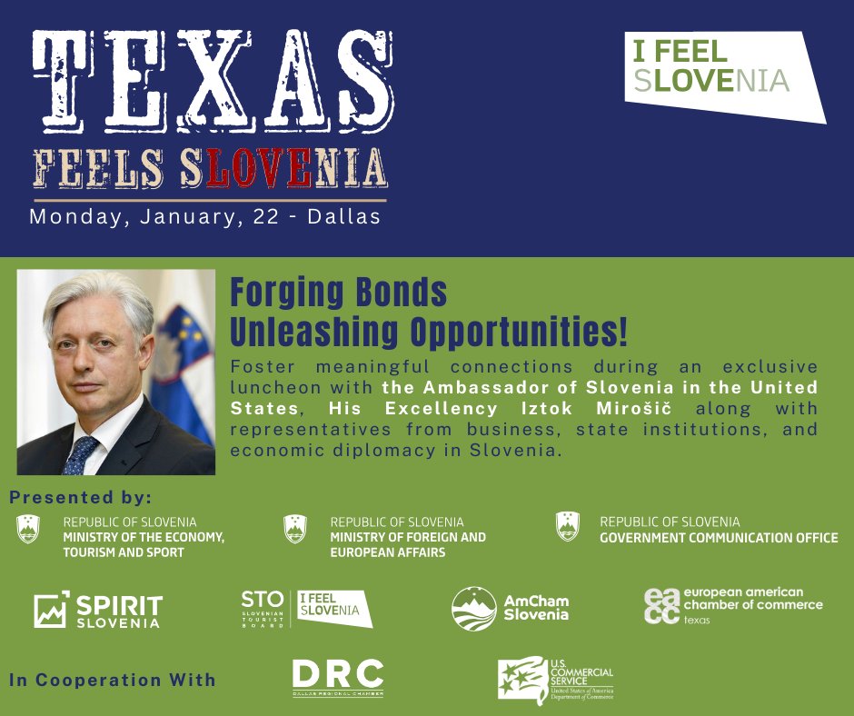 📢Exciting news for Texas Feels Slovenia 2024 in Dallas! with the Ambassador of Slovenia. Don't miss the chance to network, explore Slovenian opportunities, foster international connections and pave the way for successful collaborations! ow.ly/mFME50QpJQu