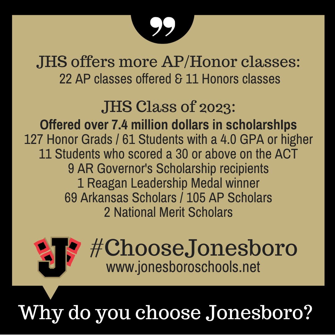 If you haven't already...It's Time to #ChooseJonesboro! School Choice is open for 2024-25 &amp; forms are available> bit.ly/3voypAW on our website. Or look for them under Quick Links under REGISTRATION on our homepage at jonesboroschools.net. #CaneClassroom