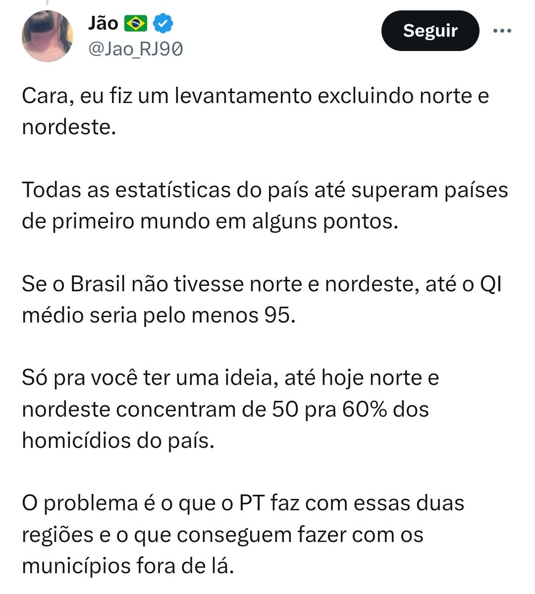 DENÚNCIA: perfil utiliza de ideias supremacistas para afirmar que se excluirmos o Norte e o Nordeste do Brasil ATÉ O QI da população brasileira ficaria melhor. Segundo ele, com essa medida as estatísticas do Brasil se tornariam de um país de primeiro mundo. Esse discurso tem nome