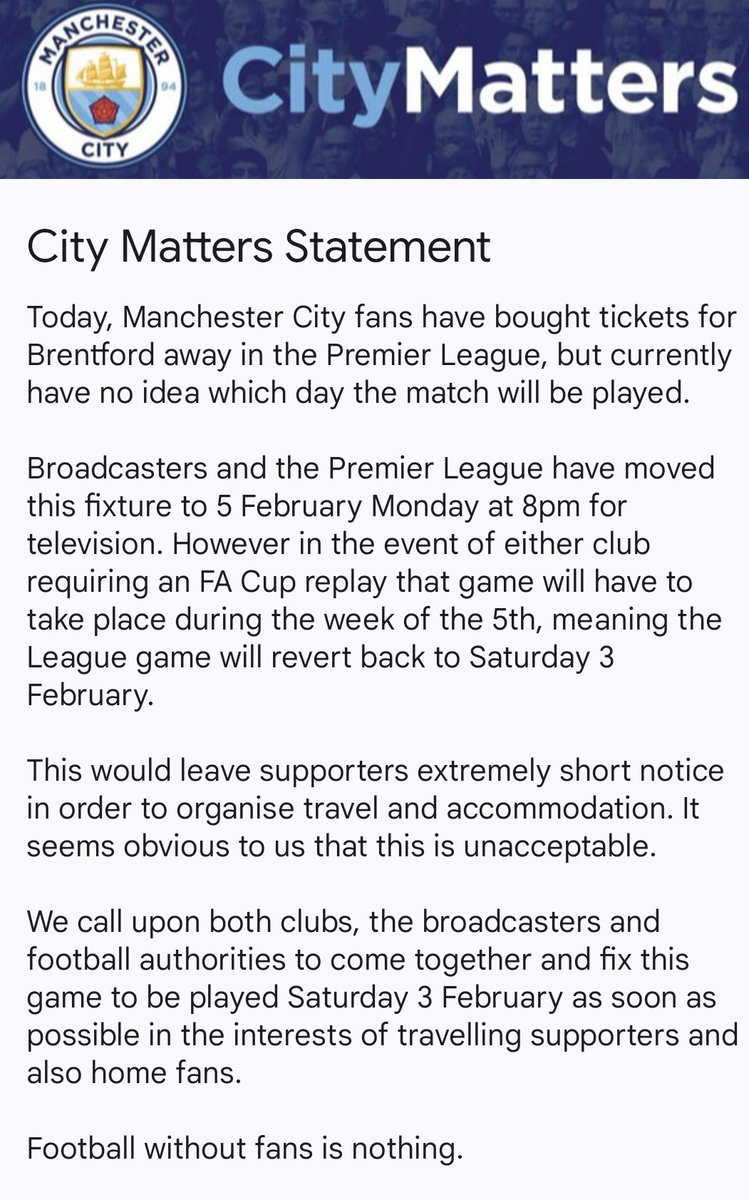 citymattersreps's tweet image. City Matters Statement re. Brentford away