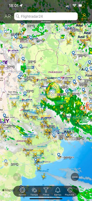 Formosa, Chaco, Corrientes, Asuncion (PY) tremenda tormenta se ve desde flight radar! Cuidado! Tomen