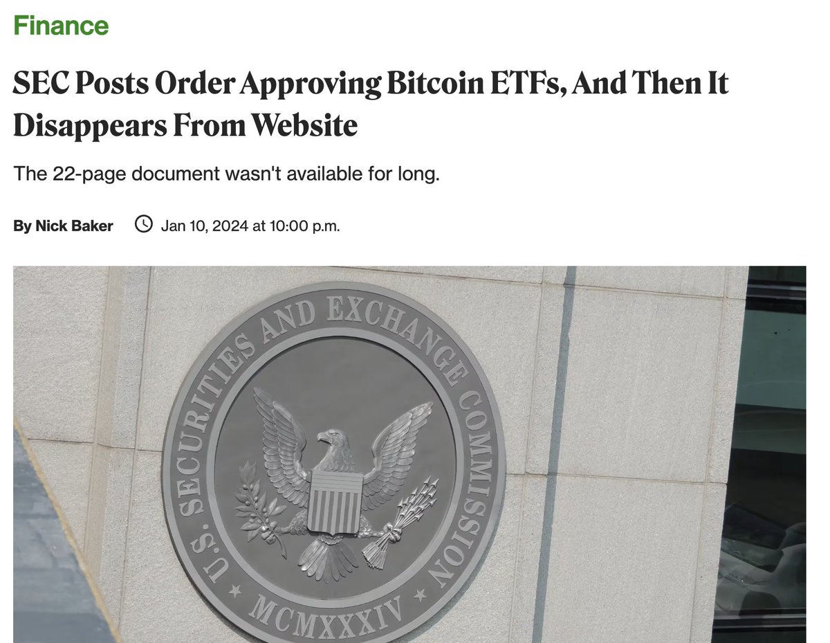 ssaurel's tweet photo. SEC Posts Order Approving Bitcoin ETFs, And Then It Disappears From Website.

The U.S. Securities and Exchange Commission posted a long document approving bitcoin ETFs on Wednesday, and then it disappeared from its website within a few minutes.

A 22-page PDF approving exchange 19b-4 filings went live on the SEC website shortly before 4 p.m. ET Wednesday, though the link later led to a 404 page.

The SEC did not immediately respond to an email asking about the document.

You think the SEC has hit rock bottom, and every day the SEC outdoes itself by doing even worse!

Gary needs to resign ASAP!

#SEC #FireGary #Finance #Bitcoin #BTC