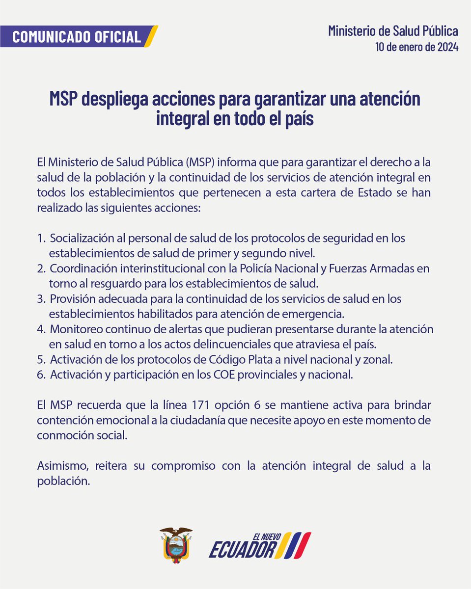 Salud_Ec's tweet photo. #ComunicadoOficial | Conoce las acciones que @Salud_Ec ha realizado para garantizar el derecho a la salud de la población y a la continuidad de los servicios de atención integral en todos los establecimientos que pertenecen a esta cartera de Estado ⬇️ https://t.co/q8upAg5LuL