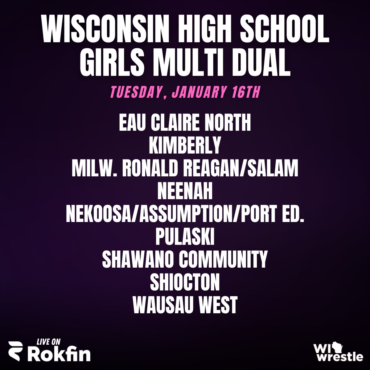We will have the Wisconsin High School Girls Multi Dual live on Rokfin! 

Both mats will be live with commentary!

rokfin.com/WIwrestle
