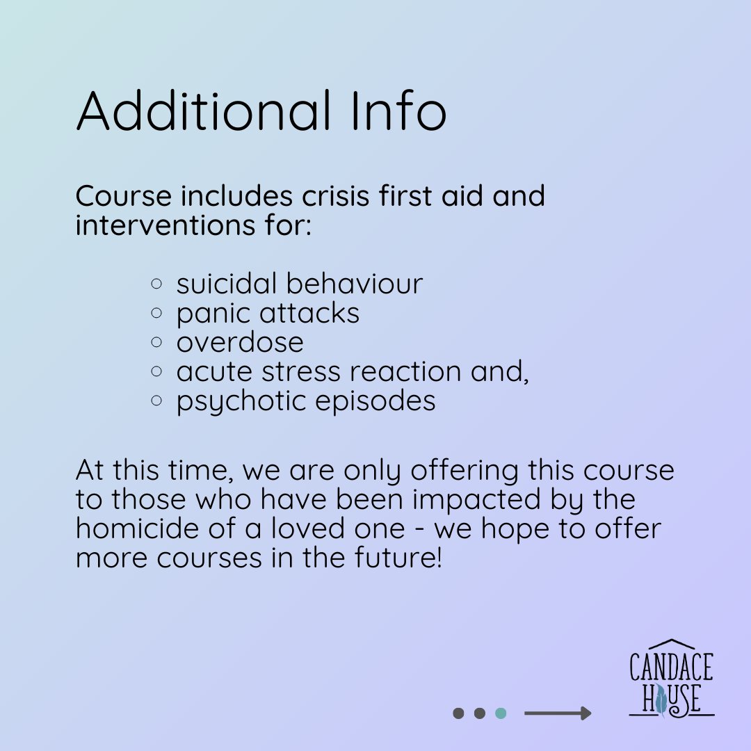 We are excited to offer Mental Health First Aid on Feb 20 &amp; 27, for those who've been impacted by the homicide of a loved one - candacehouse.ca/education to learn more &amp; register. Share with someone who may benefit from this course!
