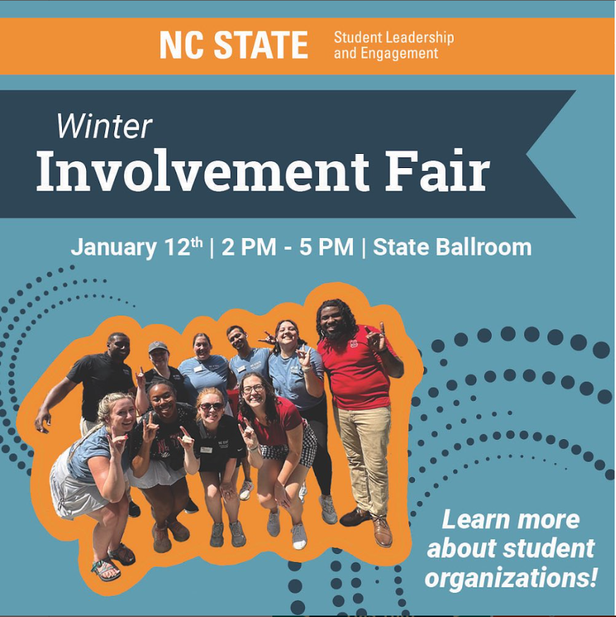 NC State PFS (@ncstatepfs) on Twitter photo Encourage your student to check out the Winter Involvement Fair to learn more about student organizations and how to get involved on campus! 
This event, hosted by @ncstatesle, takes place on January 12th from 2:00 p.m. to 5:00 p.m. at Talley in the State Ballroom.
#PA_Madison Encourage your student to check out the Winter Involvement Fair to learn more about student organizations and how to get involved on campus! 
This event, hosted by @ncstatesle, takes place on January 12th from 2:00 p.m. to 5:00 p.m. at Talley in the State Ballroom.
#PA_Madison