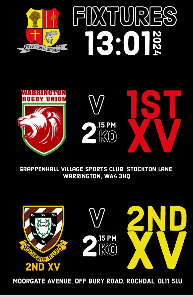 FIXTURES - 13:01:24

1st XV travel to  Warrington RUFC. 

📍 Grappenhall Village Sports Club, Stockton Lane, Warrington, WA4 3HQ
⏰ KO - 2.15pm

2nd XV travel to Rochdale 2nd XV

📍 Moorgate Avenue, Rochdale, OL11 5LU
⏰ KO - 2.15pm

#onebadgeoneclub 
#wearetarleton 
❤️💛🖤