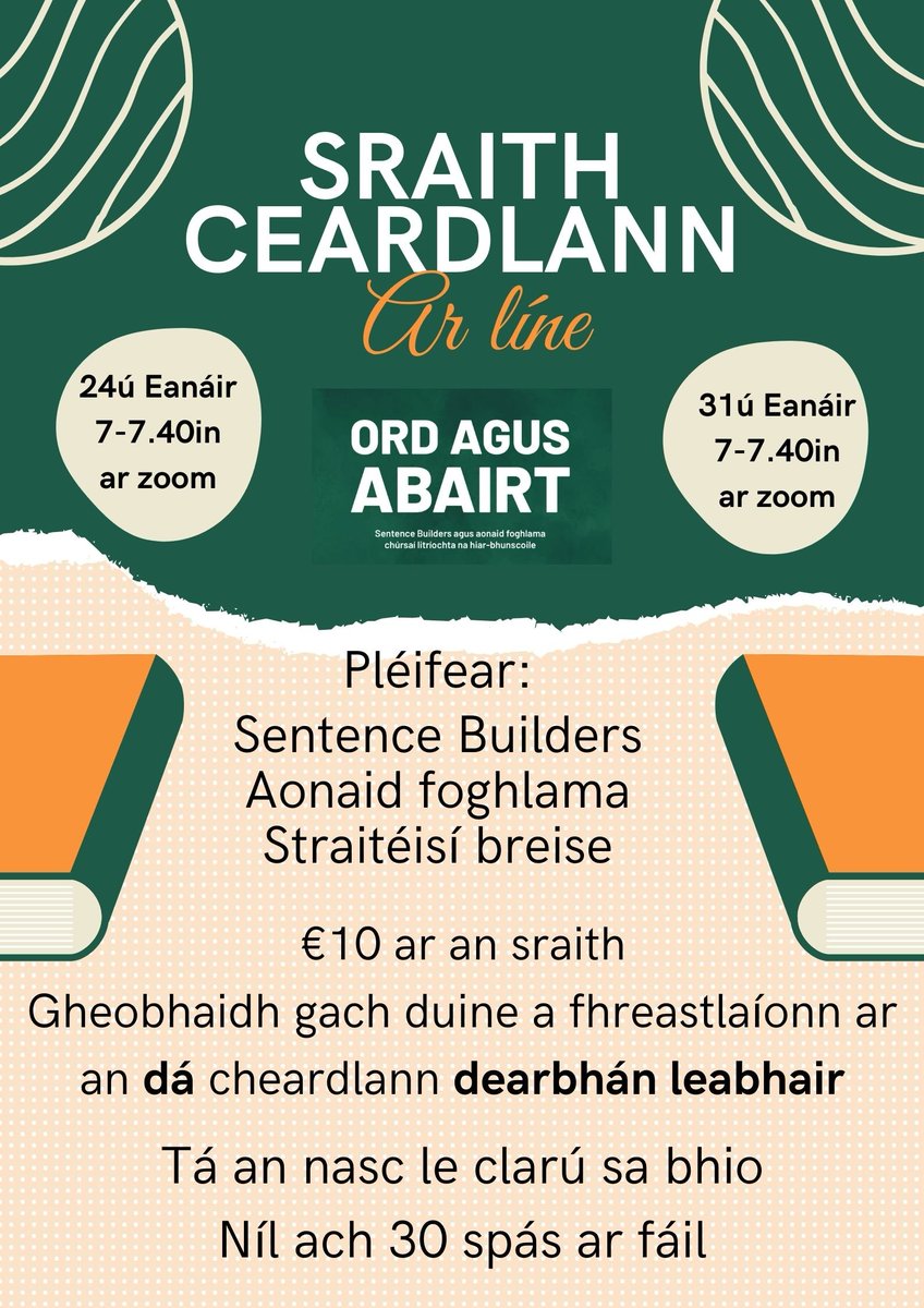 ⭐⭐ Ceardlanna san athbhliain ⭐⭐ Beidh ceardlanna nua ar líne ar ZOOM á reachtáil againn ar an 24ú agus 31ú Eanáir ag a 7. Ní mór duit clárú do na ceardlanna agus €10 a íoc. Beidh dearbháin leabhair ar fáil. Tá an nasc agus na sonraí beo anois sa bhio 👆👆👆