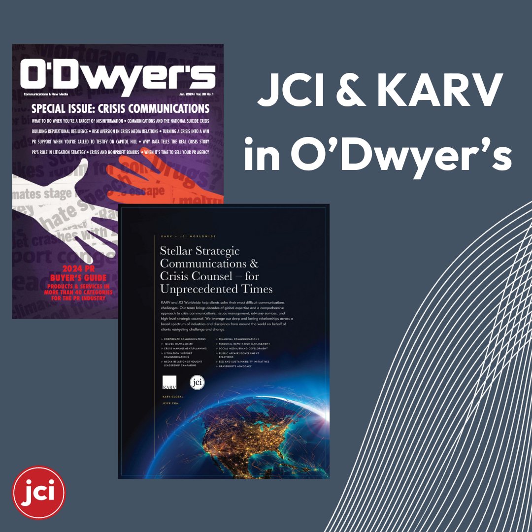 JCI_SJacobson's tweet photo. We are proud to see our partnership with KARV highlighted in the O'Dwyer's Crisis Communications special issue. KARV does phenomenal work in litigation support - check out their Executive Vice President's article in O'Dwyer's at the link below!
https://t.co/DsmTtFxWAm https://t.co/VAK9R84BRb