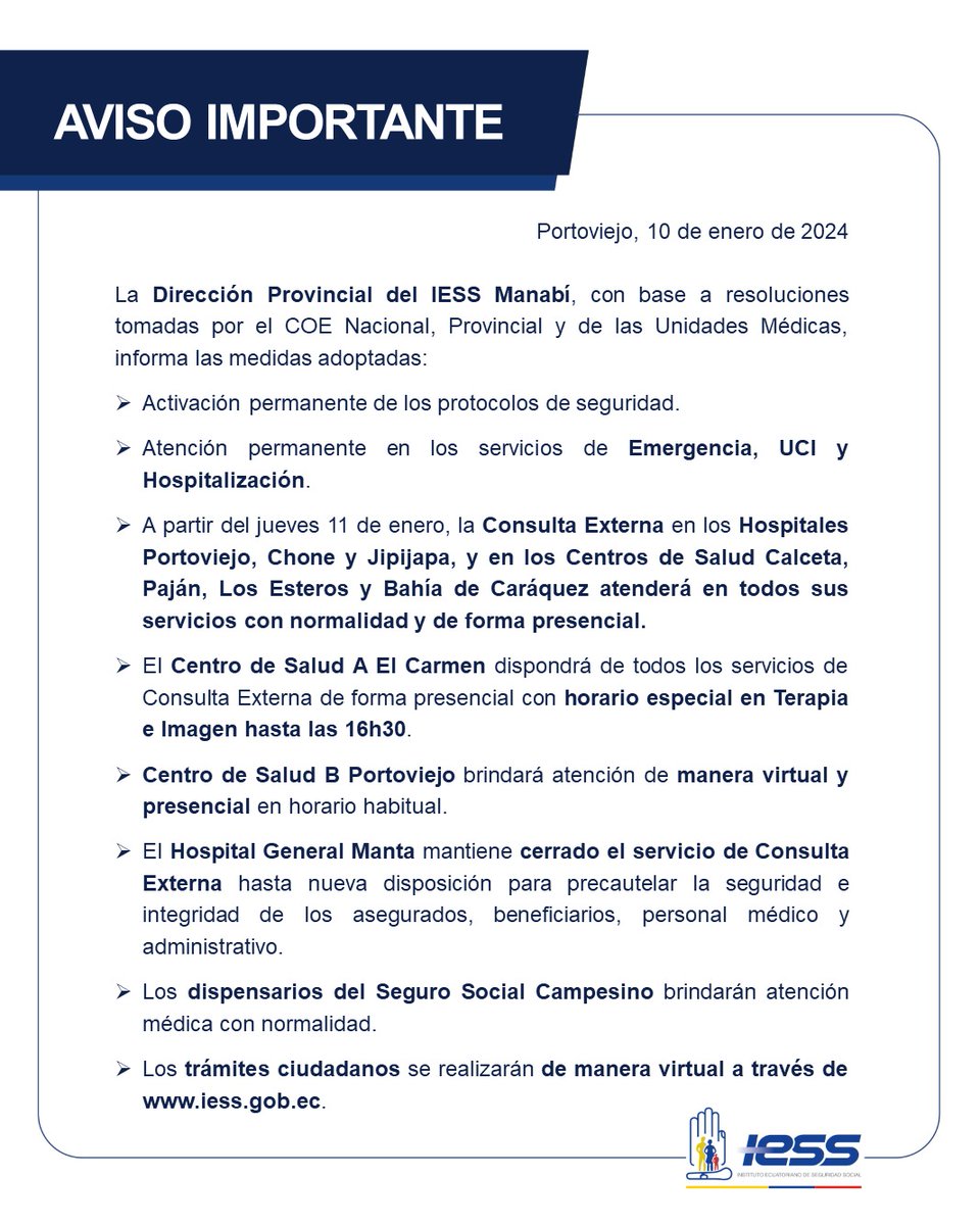 IESS_Manabi's tweet photo. 📣 #IESSteInforma | Disposiciones del COE Provincial @IESS_Manabi

Más detalles ⤵️ https://t.co/NrgHLV0hFa