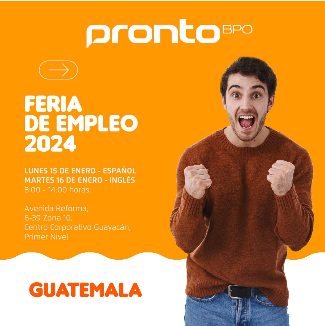 ProntoBpo's tweet photo. 🥳🥳🥳 | PRIMERA FERIA DE EMPLEO!!
📅 ESPAÑOL:  Lunes 15 de Enero
📅INGLÉS:  Martes 16 de Enero
📍Avenida Reforma, 6-39 Zona 10. Centro Corporativo Guayacán, Primer Nivel
🕘8:00am - 2:00 pm
.
#prontobpo #pronto #callcenter #contactcenter #bpo #openhouse #espanol #trabajoguatemala https://t.co/BpPgZEzScv