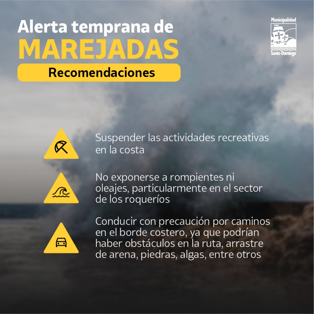 A evitar riesgos innecesarios mientras se mantenga Alerta Temprana Preventiva por #MarejadasAnormales, que rige del 11 al 14 de enero. Sigue las recomendaciones de nuestra dirección de Gestión de Riesgos de Desastres🌊