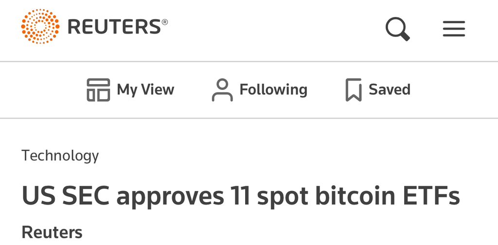 BREAKING: Reuters announces that 11 #Bitcoin SPOT ETFs got approved!
[share this post quickly!!] 👇