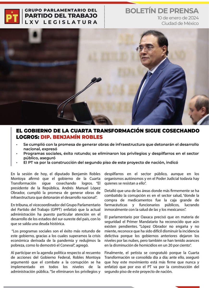 DiputadosPTmx's tweet photo. 📰 #Boletín || El gobierno de la Cuarta Transformación sigue cosechando logros: Dip. @BenjaminRoblesM 👇 https://t.co/iHztf5BuMv