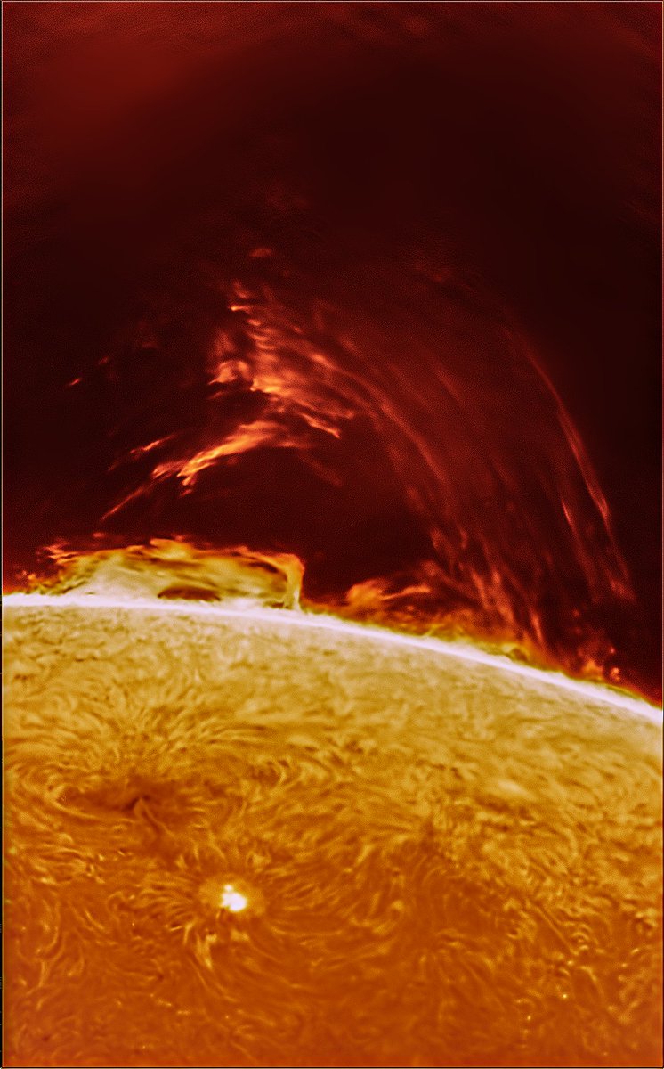 AJamesMcCarthy's tweet photo. BREAKING: The sun just had a violent eruption of plasma on the Western limb. This flung material hundreds of thousands of miles into space. An incredible sight. This photo was captured just 10 minutes ago using my modified solar telescope. https://t.co/q5MiA2gzk8