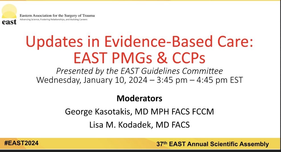 Packed house for today’s @EAST_TRAUMA #Guidelines session. Great work led by @gkasot @LisaKodadek.