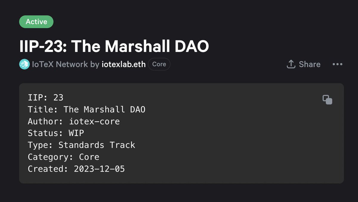 iotex_dev's tweet photo. 🚨 LIVE Alert: Voting on IIP-23: The Marshall DAO 🚨

Connect your wallets, vote on this proposal, and be a part of the future of #IoTeX 👇
https://t.co/LuuwRjifWa

🤝 The purpose of The Marshall DAO is to enable #IoTeX stakeholders to make proposals on how to allocate $IOTX incentives to grow the #IoTeX ecosystem; 

💡 The Marshall DAO is an evolution of the MachineFi (MFI) DAO, proposed in 2022. MFI DAO #NFT holders will be able to boost their voting power by up to 10%; 

📜Read more at: https://t.co/ppJSEjYOOL