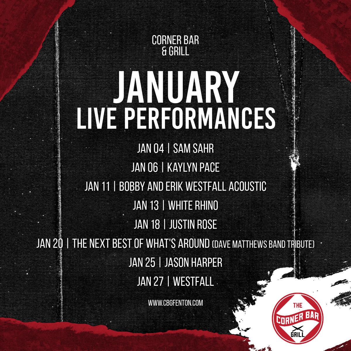 CBGFenton's tweet photo. Don't miss Bobby and Erik from Westfall tomorrow!
1/11 Acoustic Duo - Bobby and Erik of Westfall ποΈ
π₯ https://t.co/x43VahRwL6
1/12 Karaoke with Marlow πͺ©
π₯ https://t.co/9ZnmxHsgBW
#CBG #livemusic #bands #sing #karaoke #dance #cbgfenton #cornerbar #drinks #acoustic https://t.co/j67WWRRKSB