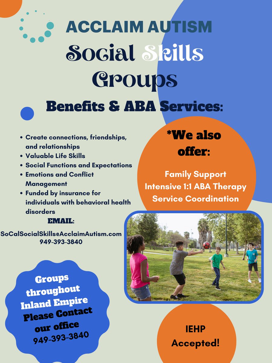 JOIN OUR SOCIAL SKILLS GROUP IN INLAND EMPIRE! At Acclaim Autism we offer Socials Skills Group alongside our ABA services. If you're interested and in the Inland Empire area CLICK THE LINK BELOW! #autism #support #family #acclaimautism loom.ly/-ugugzM