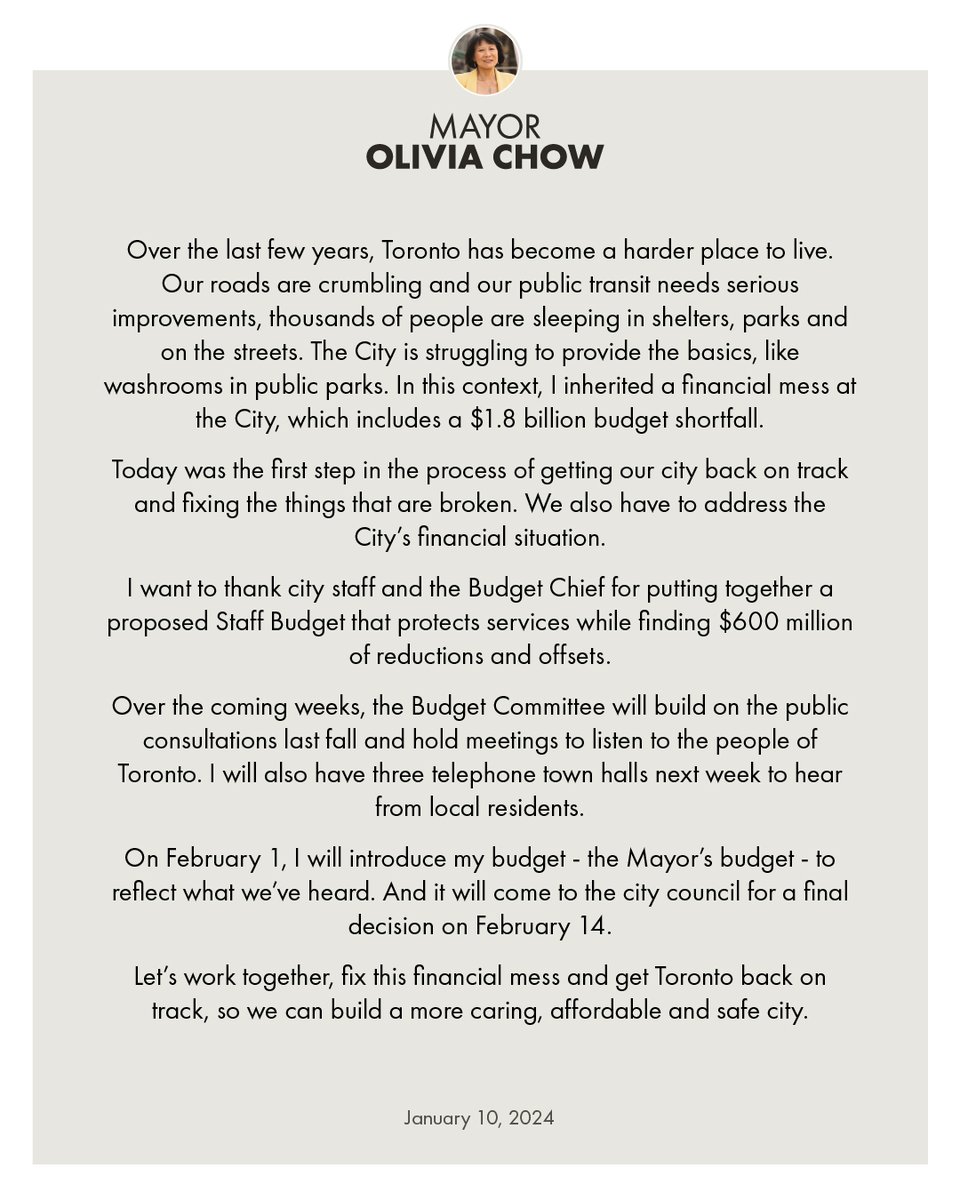 MayorOliviaChow's tweet photo. Today’s Staff Budget is the first step towards getting our city back on track and fixing the things that are broken.

The Staff Budget protects city services while addressing the financial mess we inherited — the $1.8 billion budget shortfall. 1/n https://t.co/iDw76IwsmY