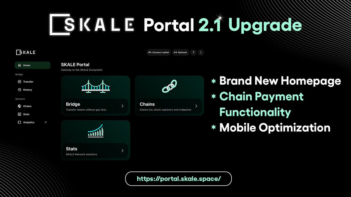 The SKALE Portal 2.1 Upgrade is live! 

It is now easier than ever to access Metaport Bridge, connect to all SKALE chains, and more. 

Explore the SKALEverse at portal.skale.space