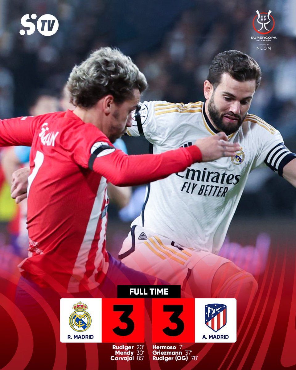 SportyTV's tweet photo. Second half ends Real Madrid 3 - 3 Atletico Madrid.
Extra time is underway!😍
How do you see the action❓
#SportyTV #SpanishSuperCup #ReaAtl #RealAtletico https://t.co/qgGEZkY1uD